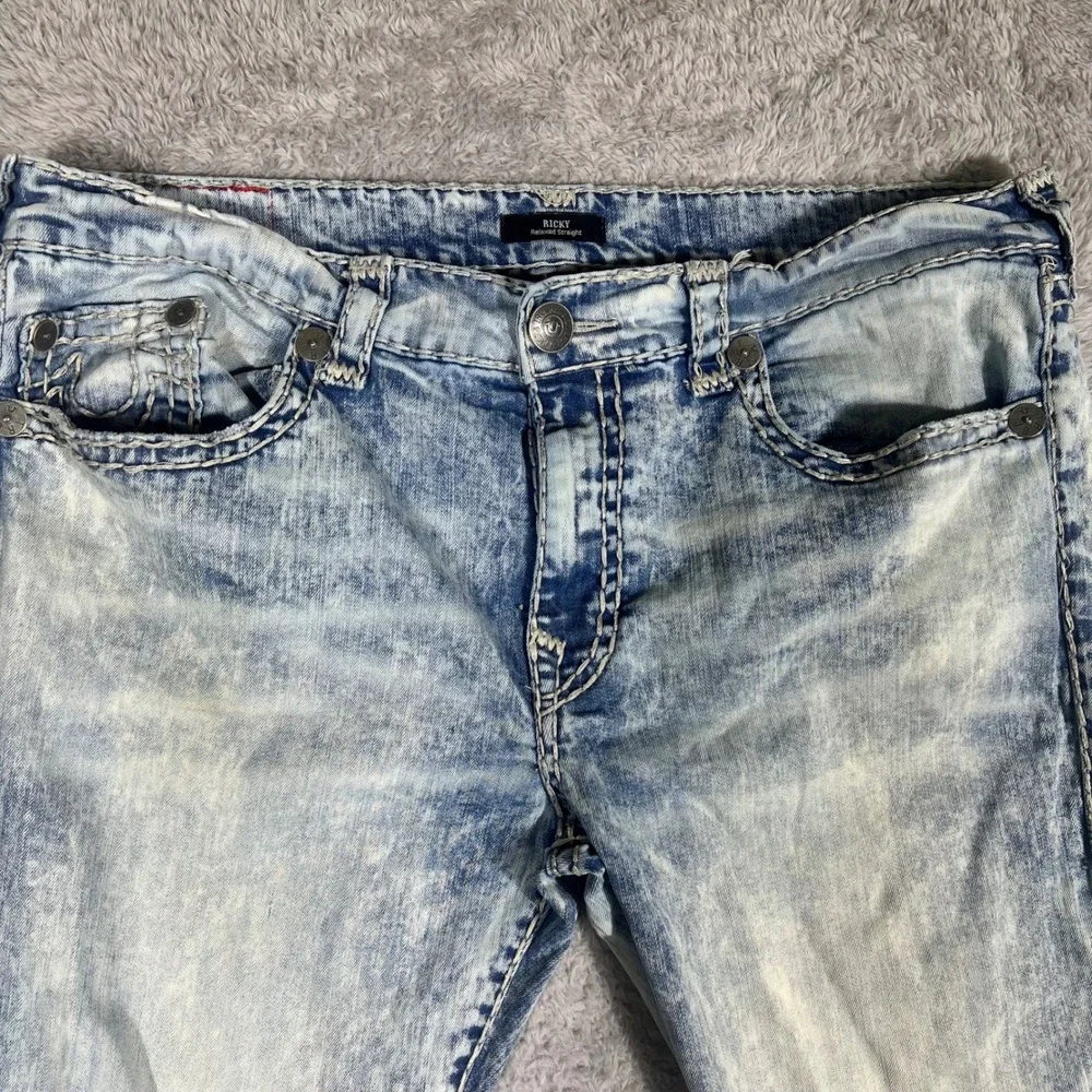 True Religion Ricky Relaxed Straight Acid Wash Jeans Mens 40 Light Blue Denim